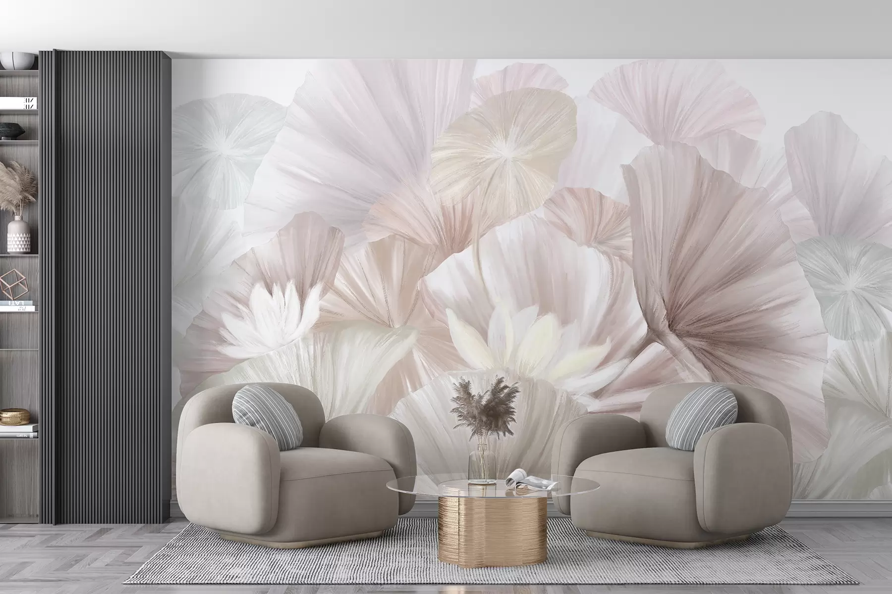 wall murals Нежни ружичасти листови лотоса са белим цветовима са меким, пернатим латицама распоређеним у природну уметничку композицију w08265v1