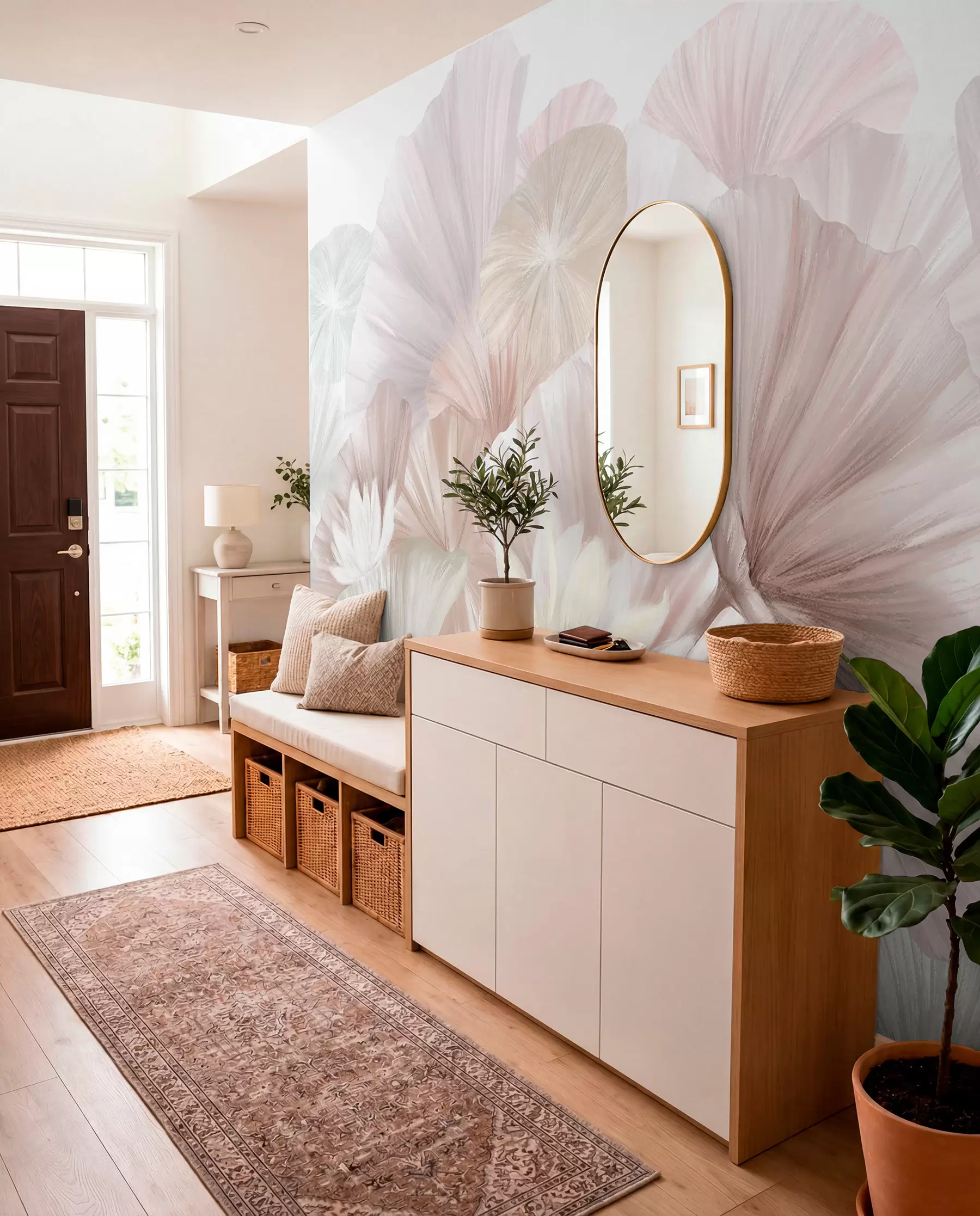 wall murals Нежни ружичасти листови лотоса са белим цветовима са меким, пернатим латицама распоређеним у природну уметничку композицију w08265v1