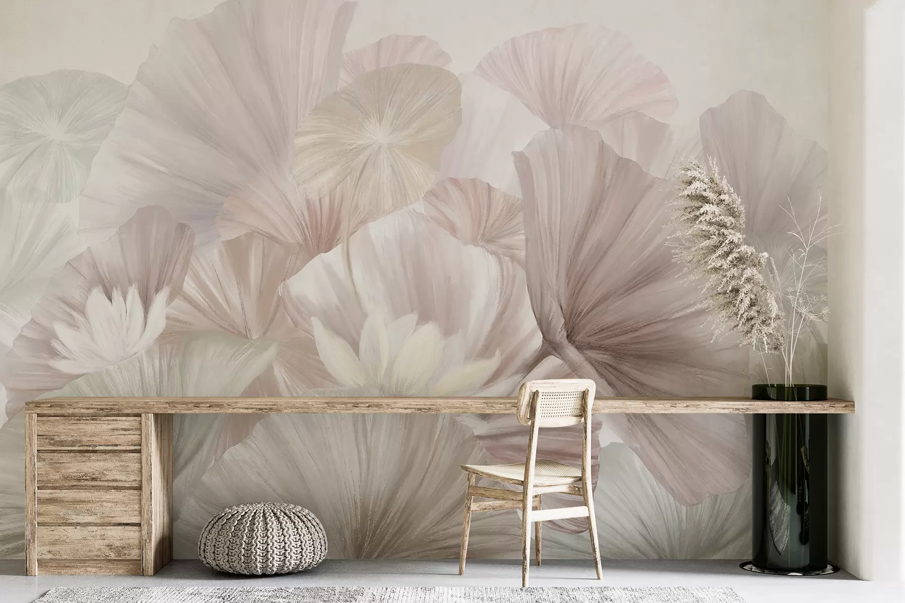 wall murals Нежни ружичасти листови лотоса са белим цветовима са меким, пернатим латицама распоређеним у природну уметничку композицију w08265v1