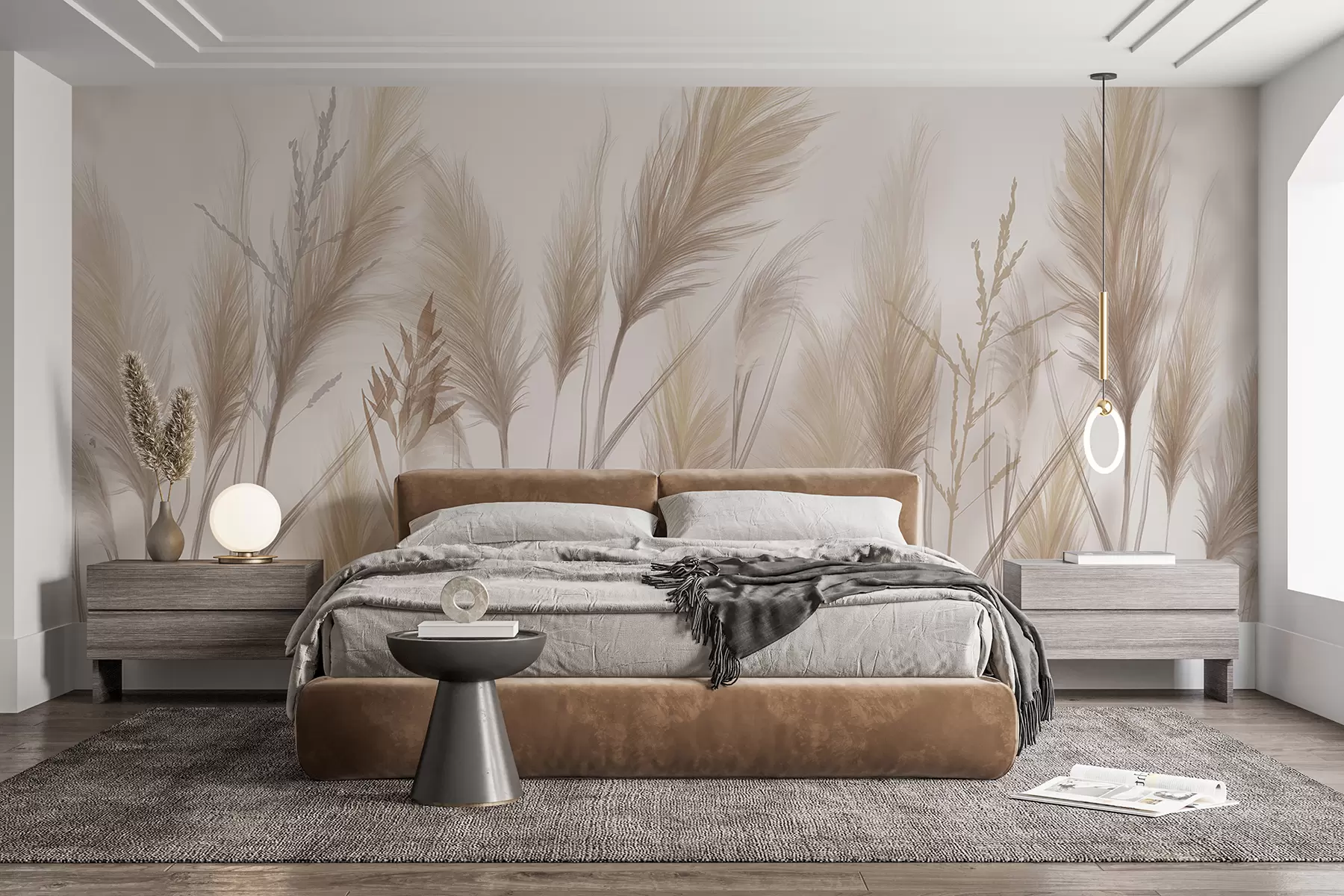 wall murals Класићи високих беж трава које се љуљају на ветру на мекој, светлој позадини w08268
