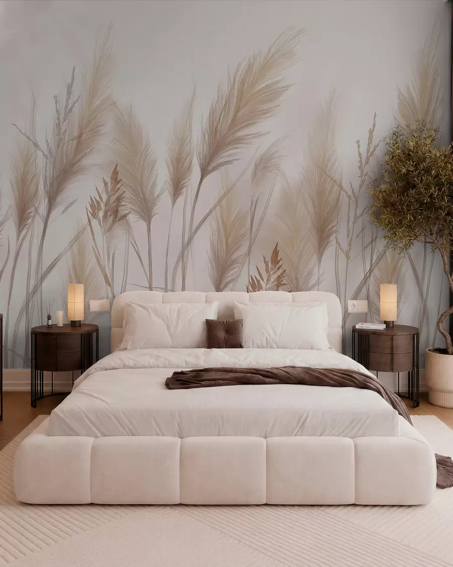 wall murals Класићи високих беж трава које се љуљају на ветру на мекој, светлој позадини w08268