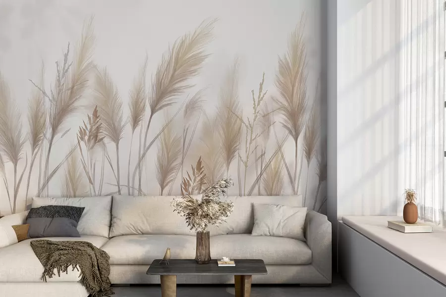 wall murals Класићи високих беж трава које се љуљају на ветру на мекој, светлој позадини w08268