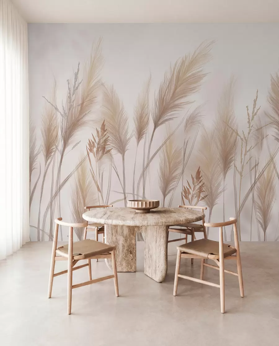 wall murals Класићи високих беж трава које се љуљају на ветру на мекој, светлој позадини w08268