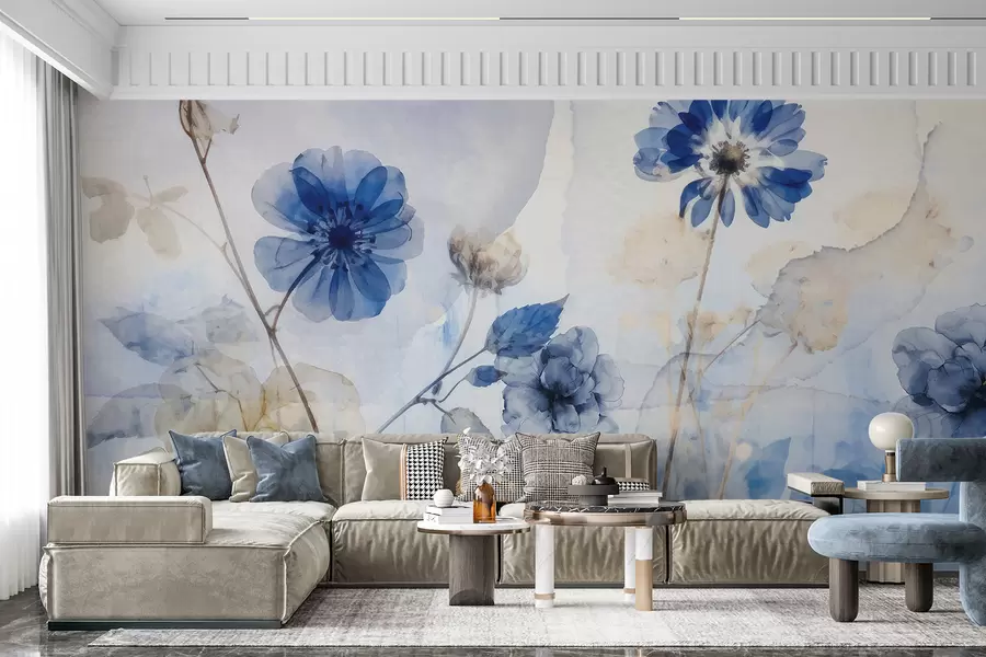 wall murals Плаво-бели акварел провидни цветови у пољу, са меком, замућеном апстрактном позадином w08270