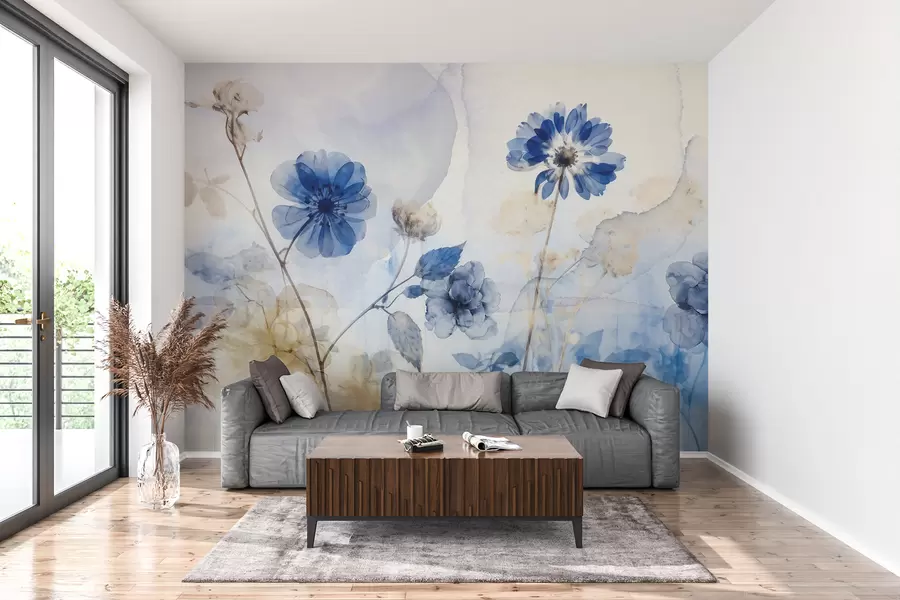 wall murals Плаво-бели акварел провидни цветови у пољу, са меком, замућеном апстрактном позадином w08270