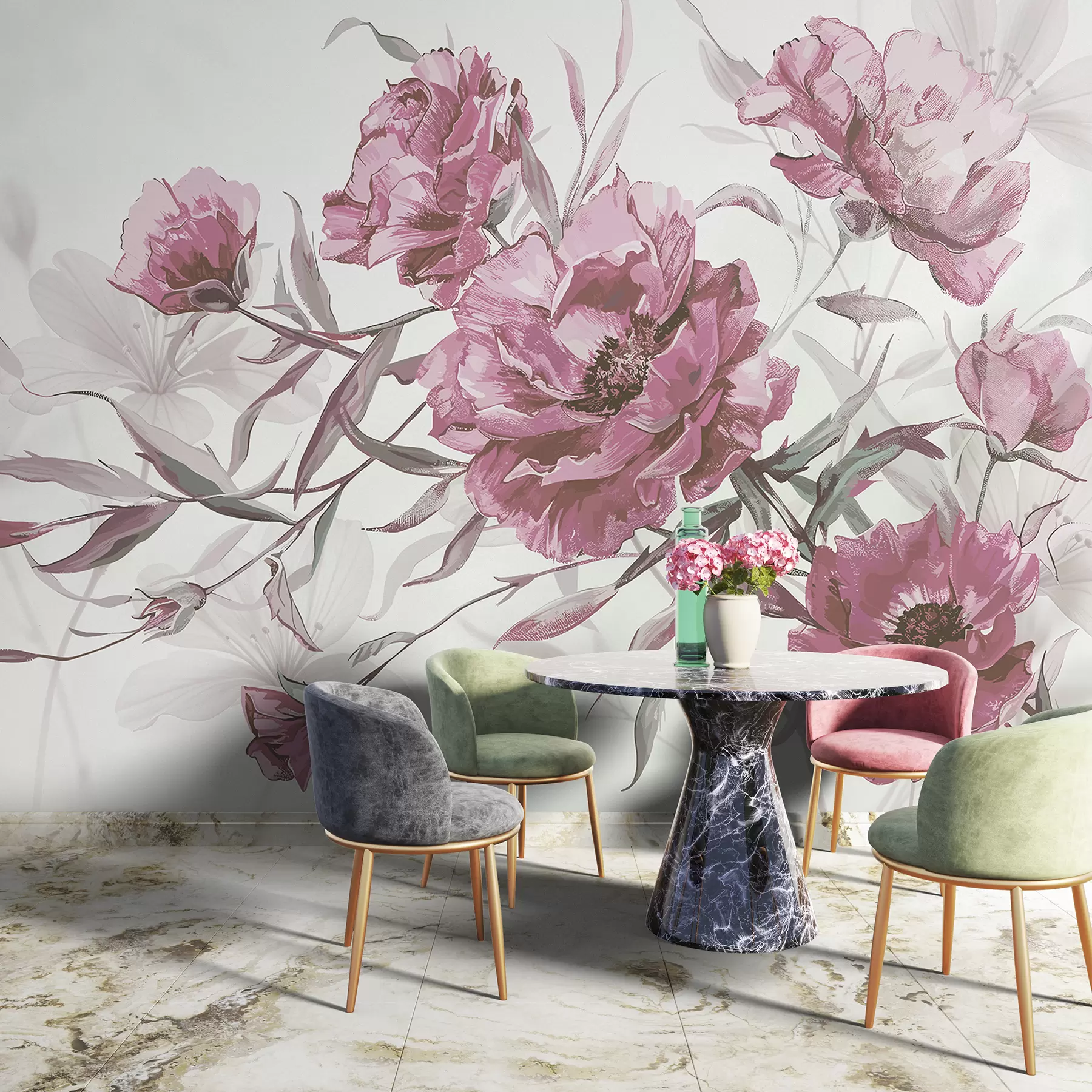wall murals Сликање ружичастих божура са бујним лишћем на светлој апстрактној позадини w08274