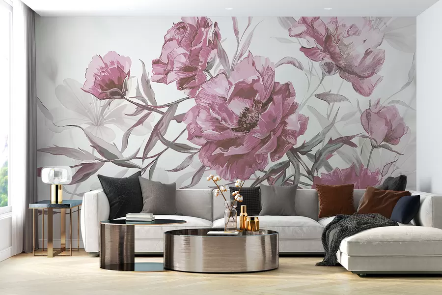 wall murals Сликање ружичастих божура са бујним лишћем на светлој апстрактној позадини w08274