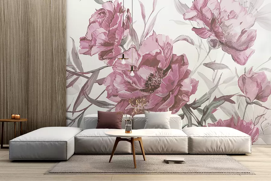 wall murals Сликање ружичастих божура са бујним лишћем на светлој апстрактној позадини w08274