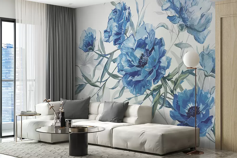 wall murals Плави божури сликају бујно лишће на светлој апстрактној позадини w08274v1