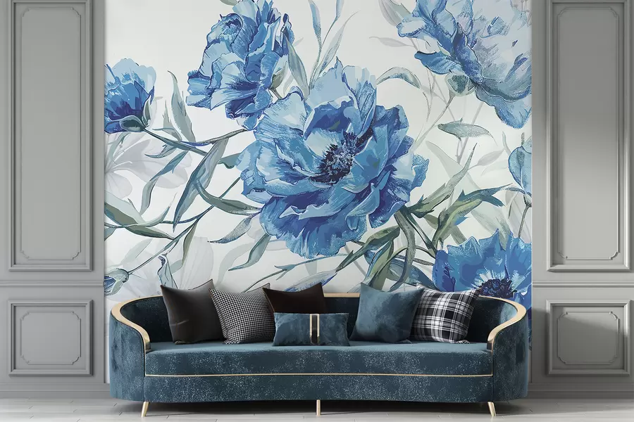 wall murals Плави божури сликају бујно лишће на светлој апстрактној позадини w08274v1