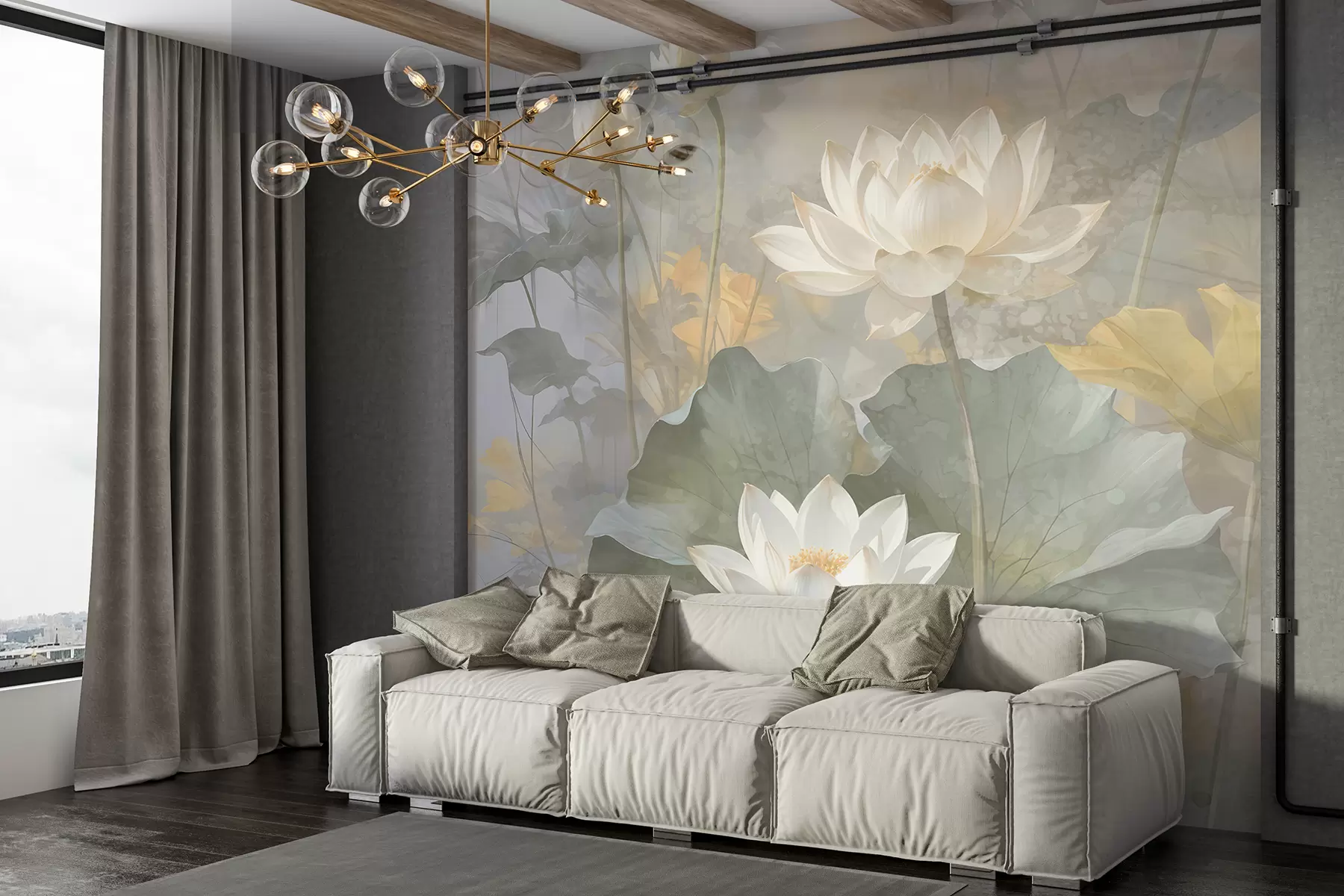 wall murals Цвеће белог лотоса са листовима у језерцу са меком, замућеном жутом и зеленом позадином w08275