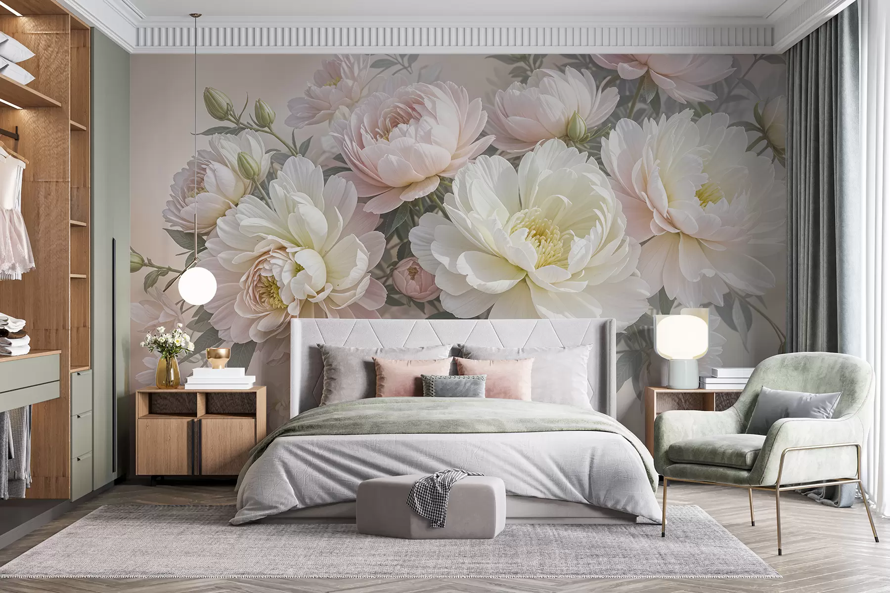 wall murals Букет бујних божура пастелних боја и другог цвећа на мекој, замућеној позадини w08276