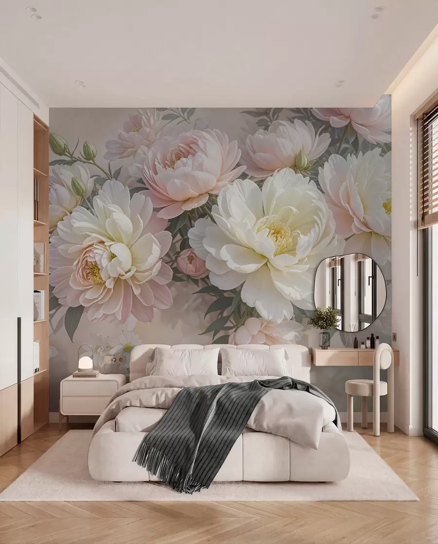 wall murals Букет бујних божура пастелних боја и другог цвећа на мекој, замућеној позадини w08276