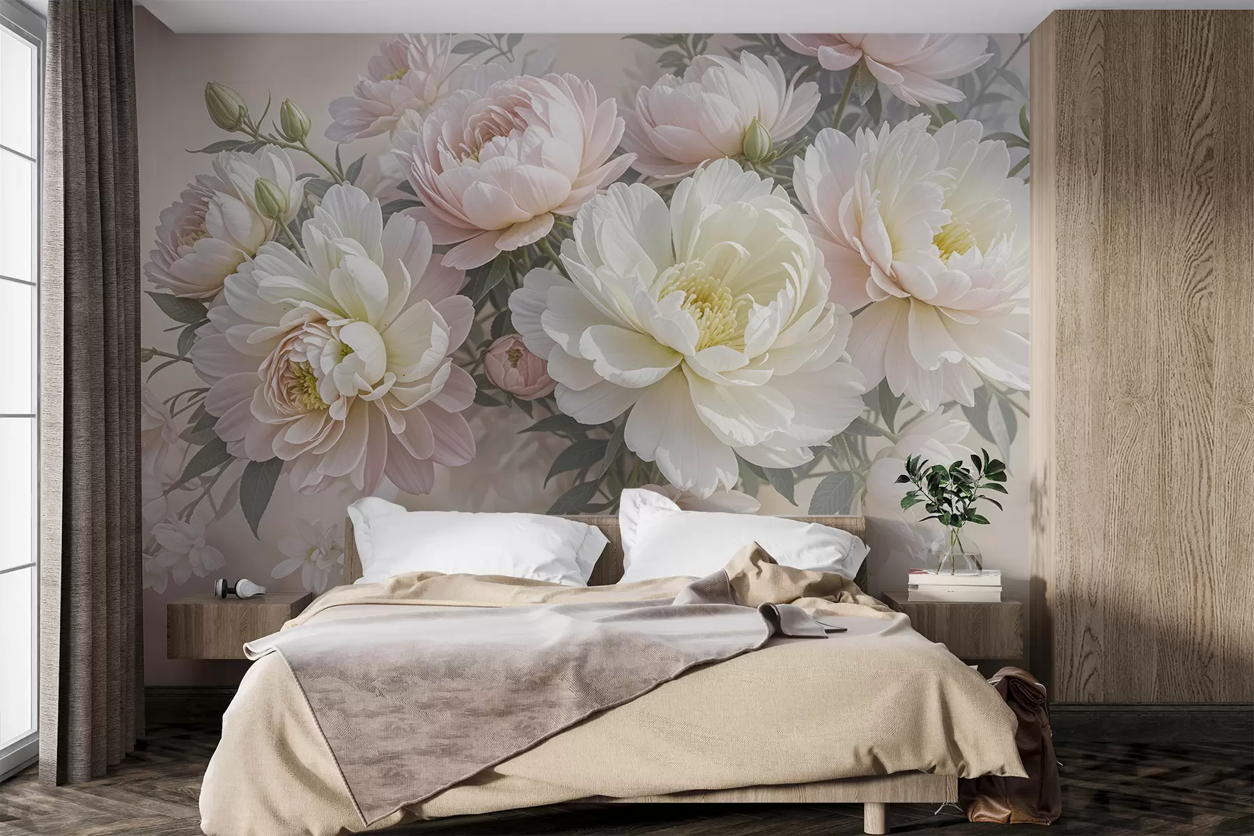 wall murals Букет бујних божура пастелних боја и другог цвећа на мекој, замућеној позадини w08276