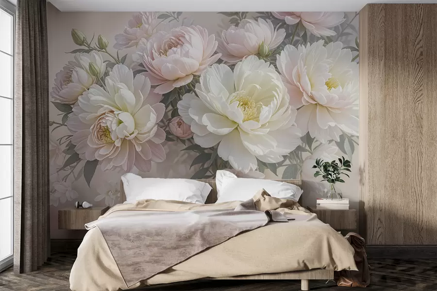 wall murals Букет бујних божура пастелних боја и другог цвећа на мекој, замућеној позадини w08276