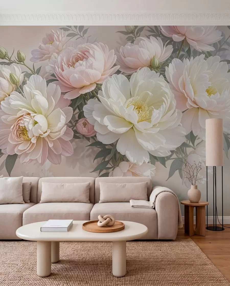 wall murals Букет бујних божура пастелних боја и другог цвећа на мекој, замућеној позадини w08276
