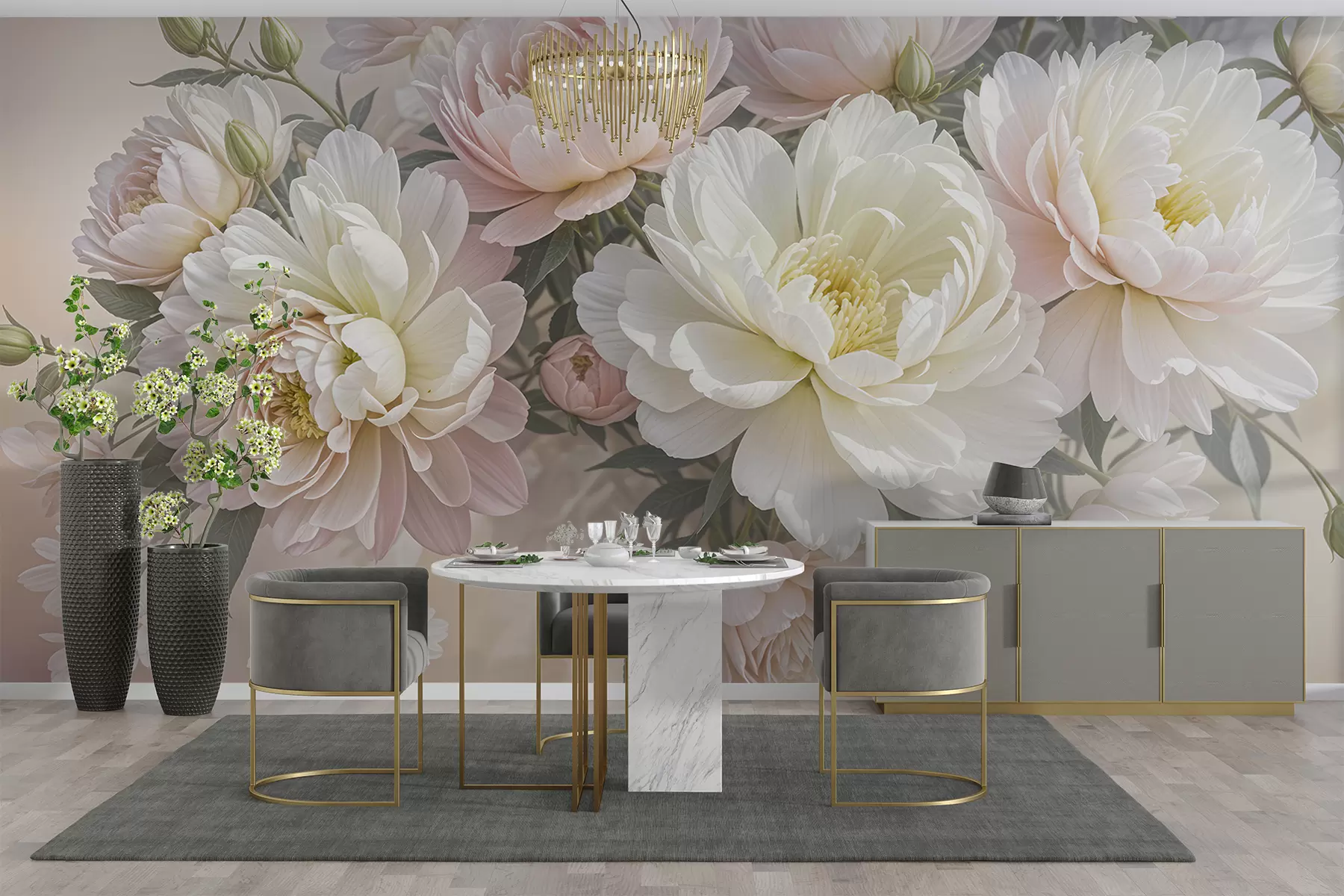 wall murals Букет бујних божура пастелних боја и другог цвећа на мекој, замућеној позадини w08276