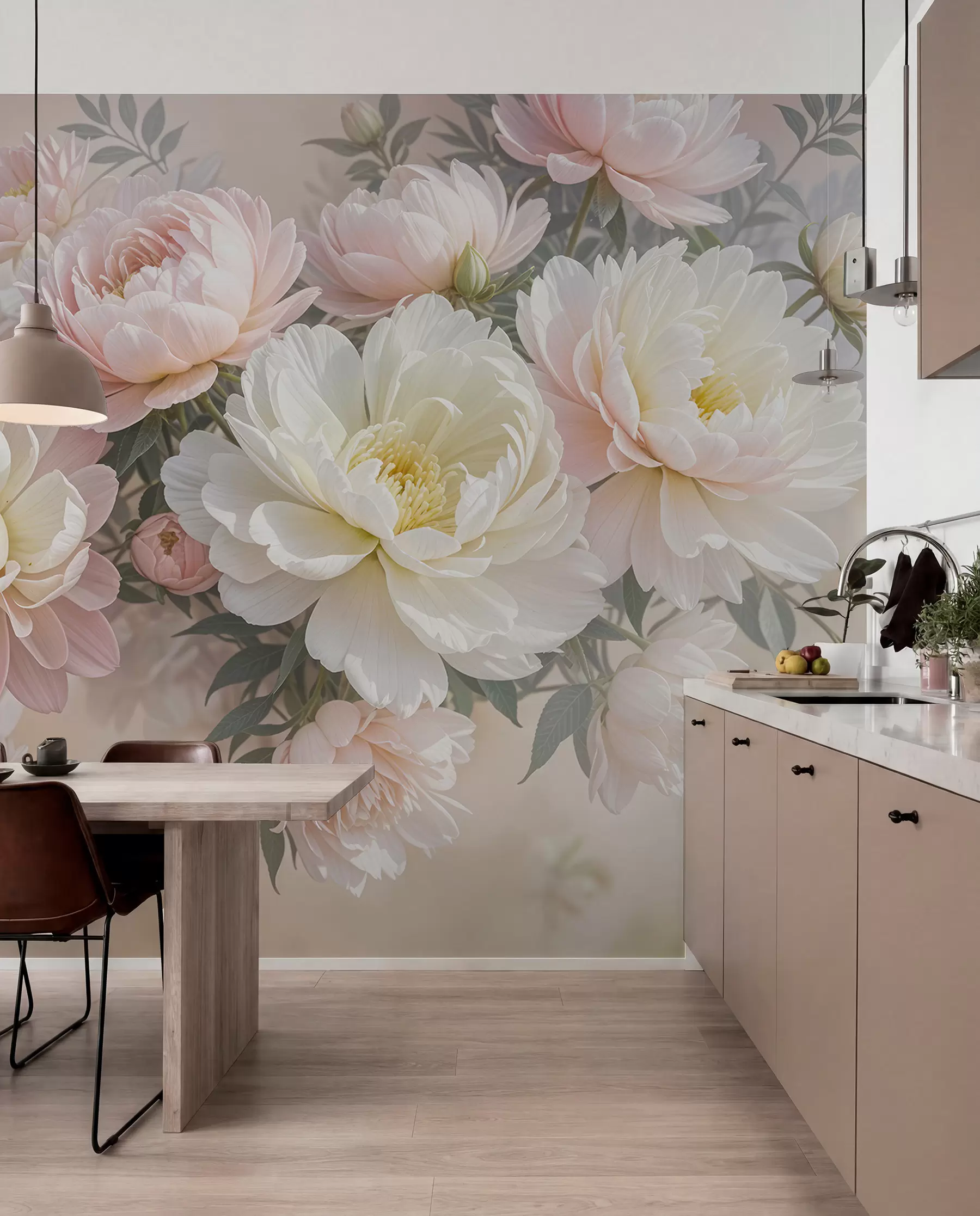 wall murals Букет бујних божура пастелних боја и другог цвећа на мекој, замућеној позадини w08276