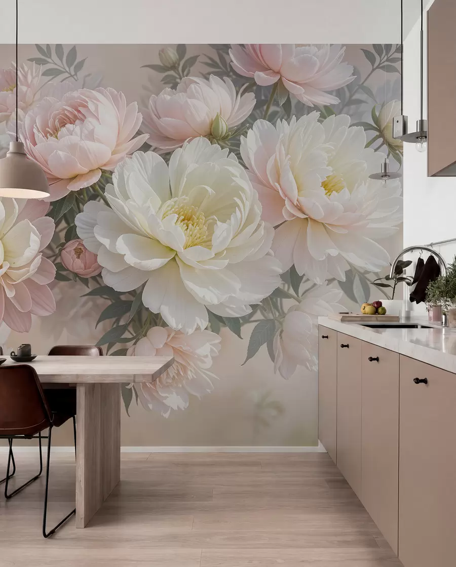 wall murals Букет бујних божура пастелних боја и другог цвећа на мекој, замућеној позадини w08276