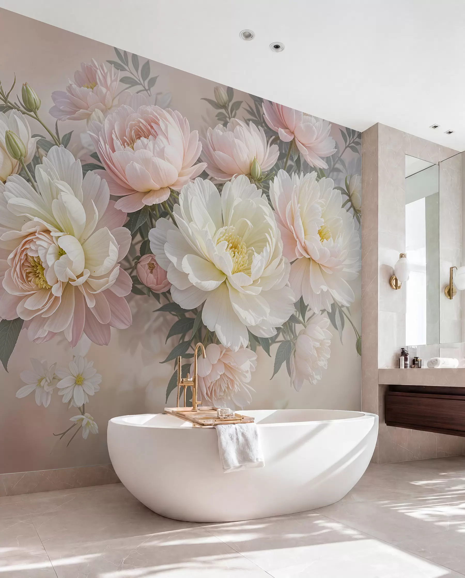 wall murals Букет бујних божура пастелних боја и другог цвећа на мекој, замућеној позадини w08276