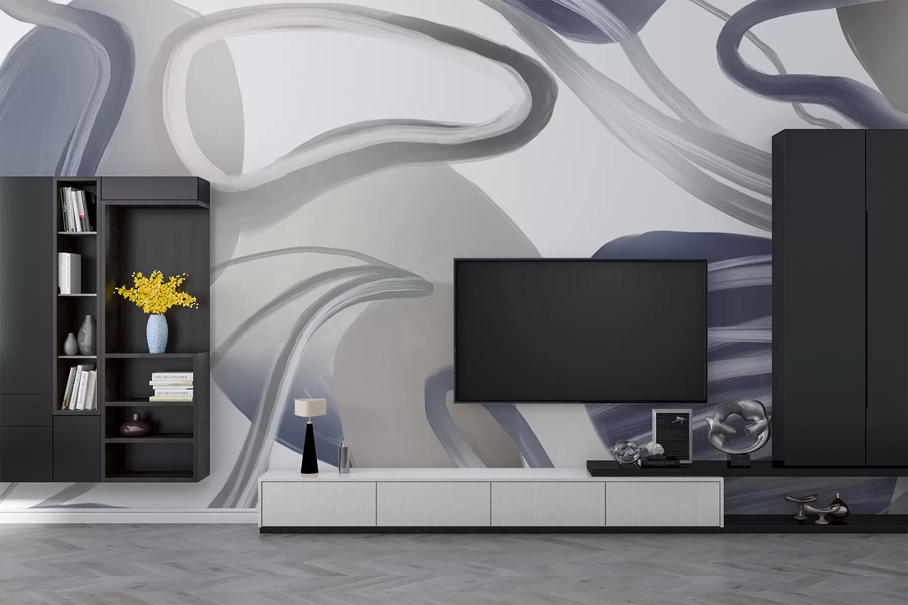 wall murals Апстрактни вртложни облици и кривине у нијансама тамноплаве стварају динамичну и текућу композицију w08279v1