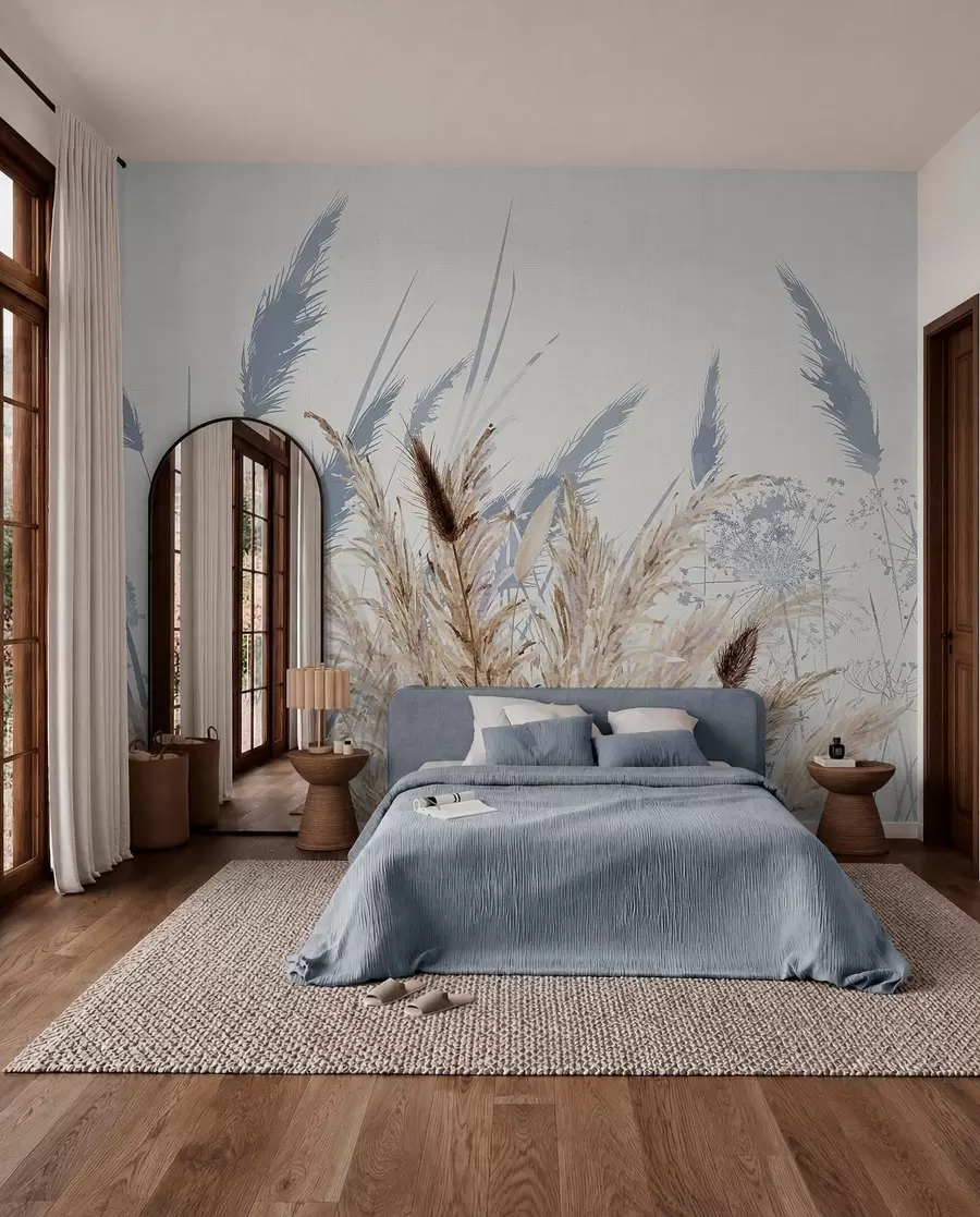 wall murals Високе стабљике пшенице и траве са пахуљастим белим перјем на светлој позадини w08282
