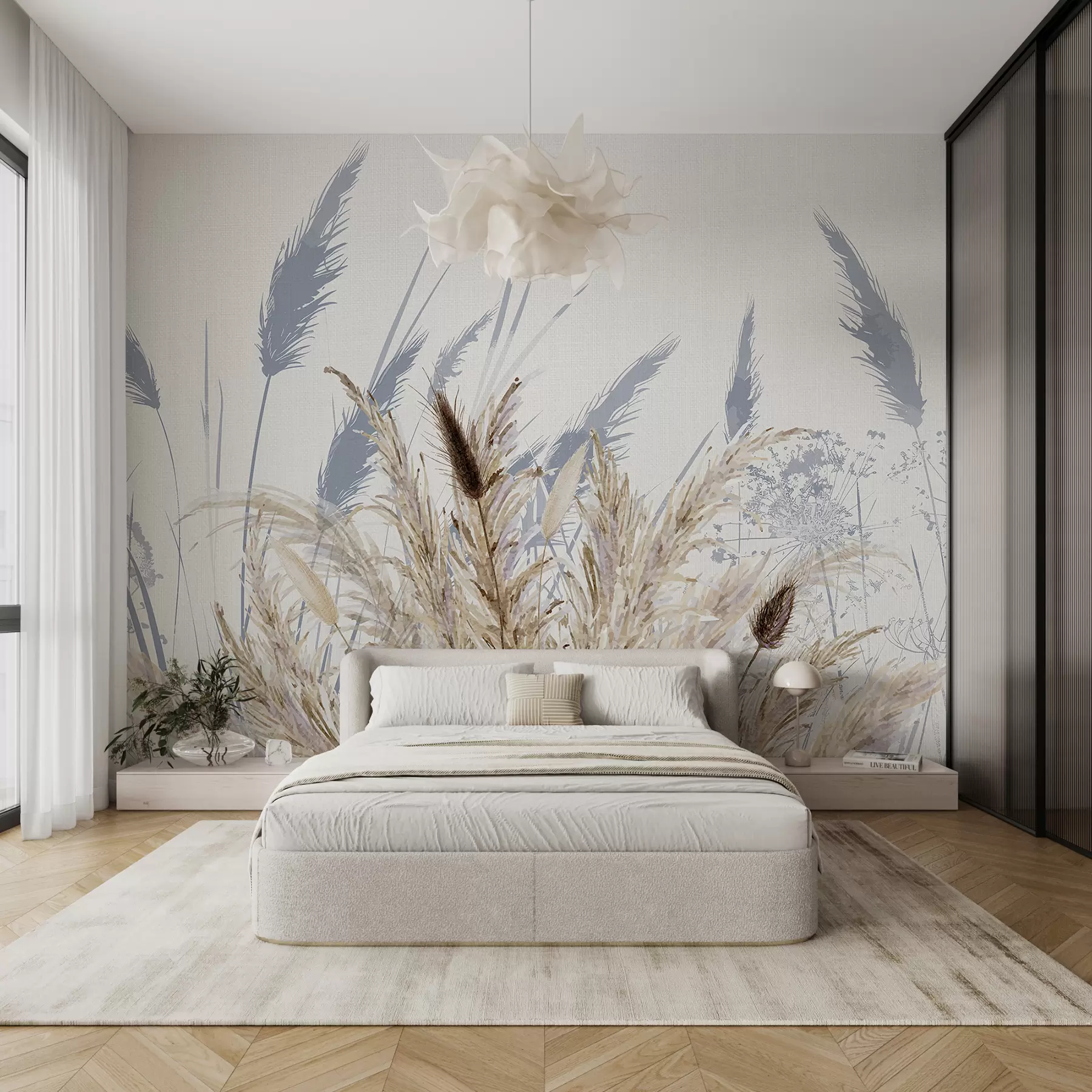wall murals Високе стабљике пшенице и траве са пахуљастим белим перјем на светлој позадини w08282