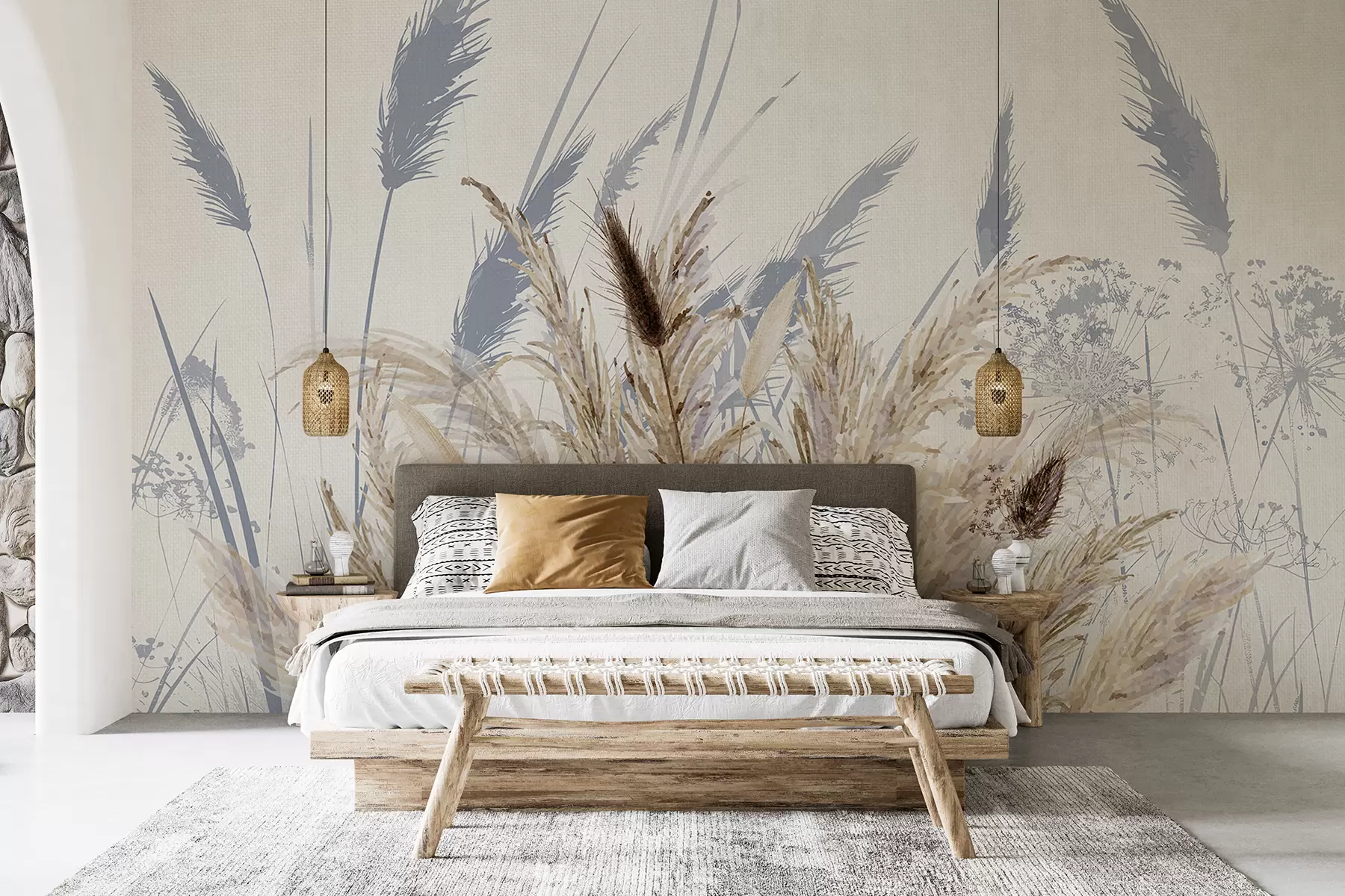 wall murals Високе стабљике пшенице и траве са пахуљастим белим перјем на светлој позадини w08282