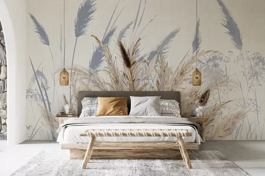 wall murals Високе стабљике пшенице и траве са пахуљастим белим перјем на светлој позадини w08282