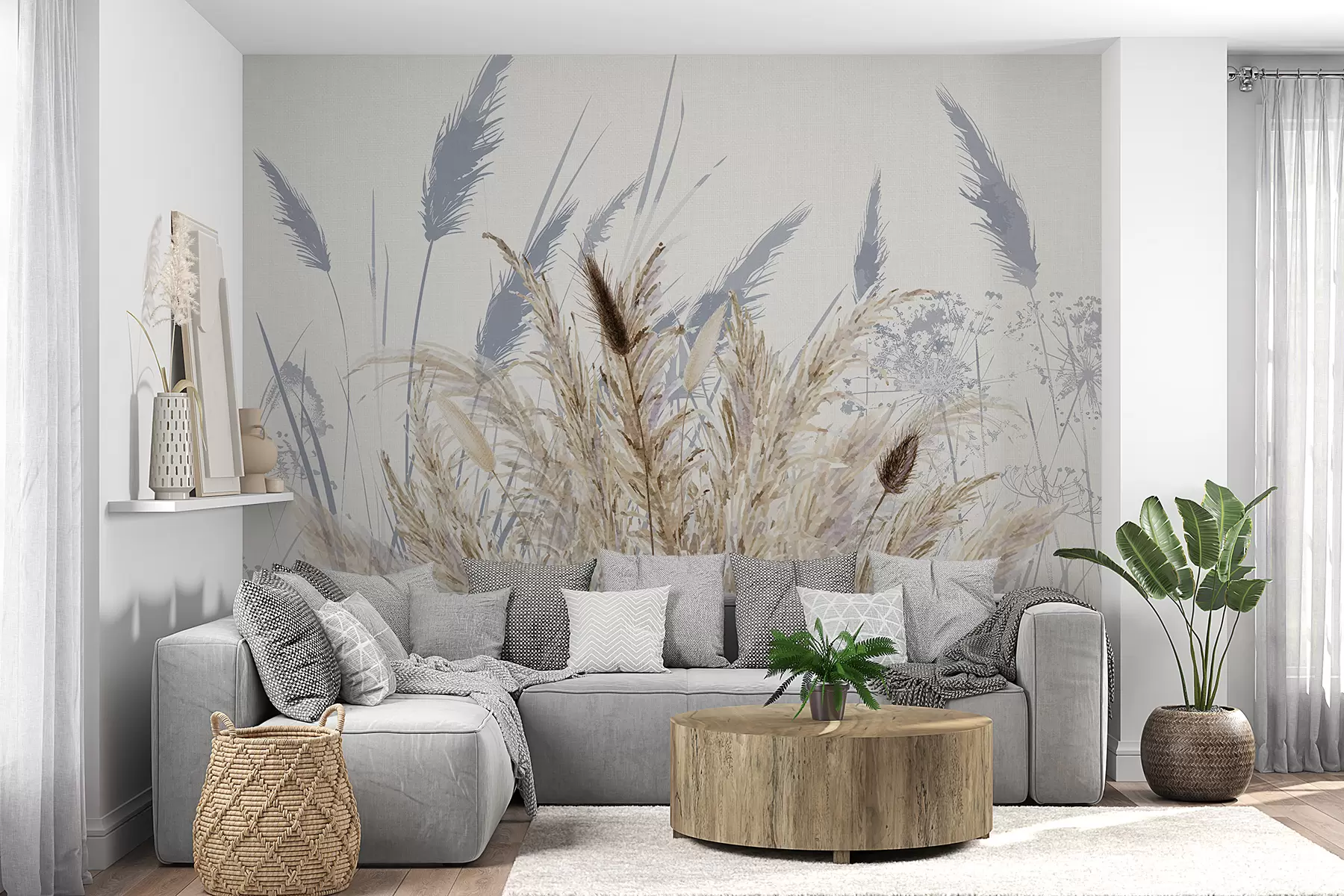 wall murals Високе стабљике пшенице и траве са пахуљастим белим перјем на светлој позадини w08282