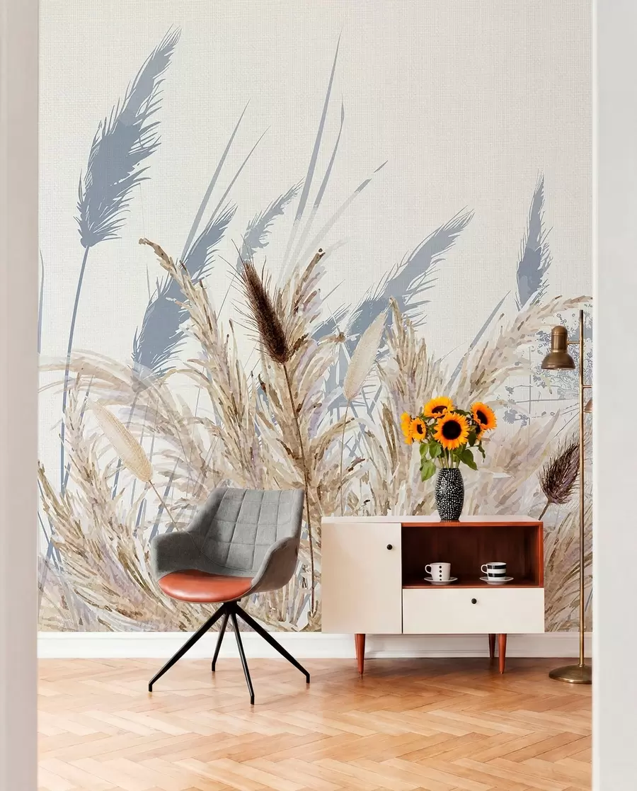 wall murals Високе стабљике пшенице и траве са пахуљастим белим перјем на светлој позадини w08282