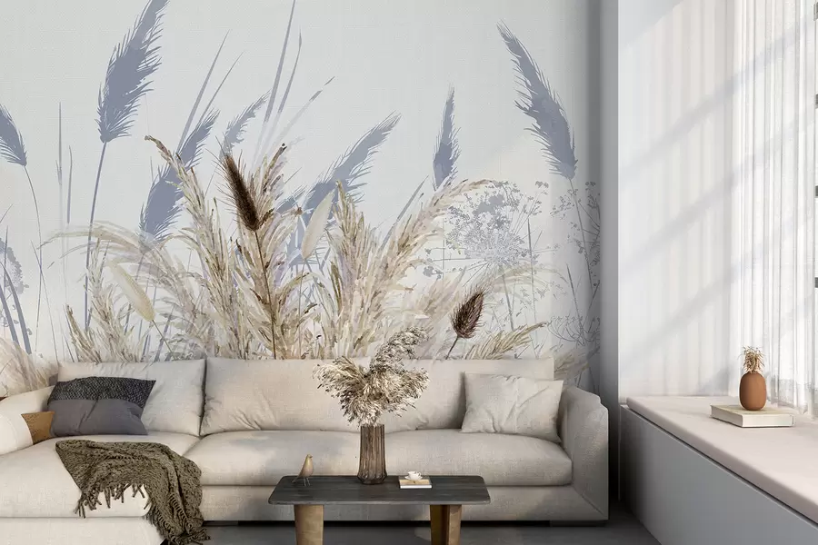 wall murals Високе стабљике пшенице и траве са пахуљастим белим перјем на светлој позадини w08282