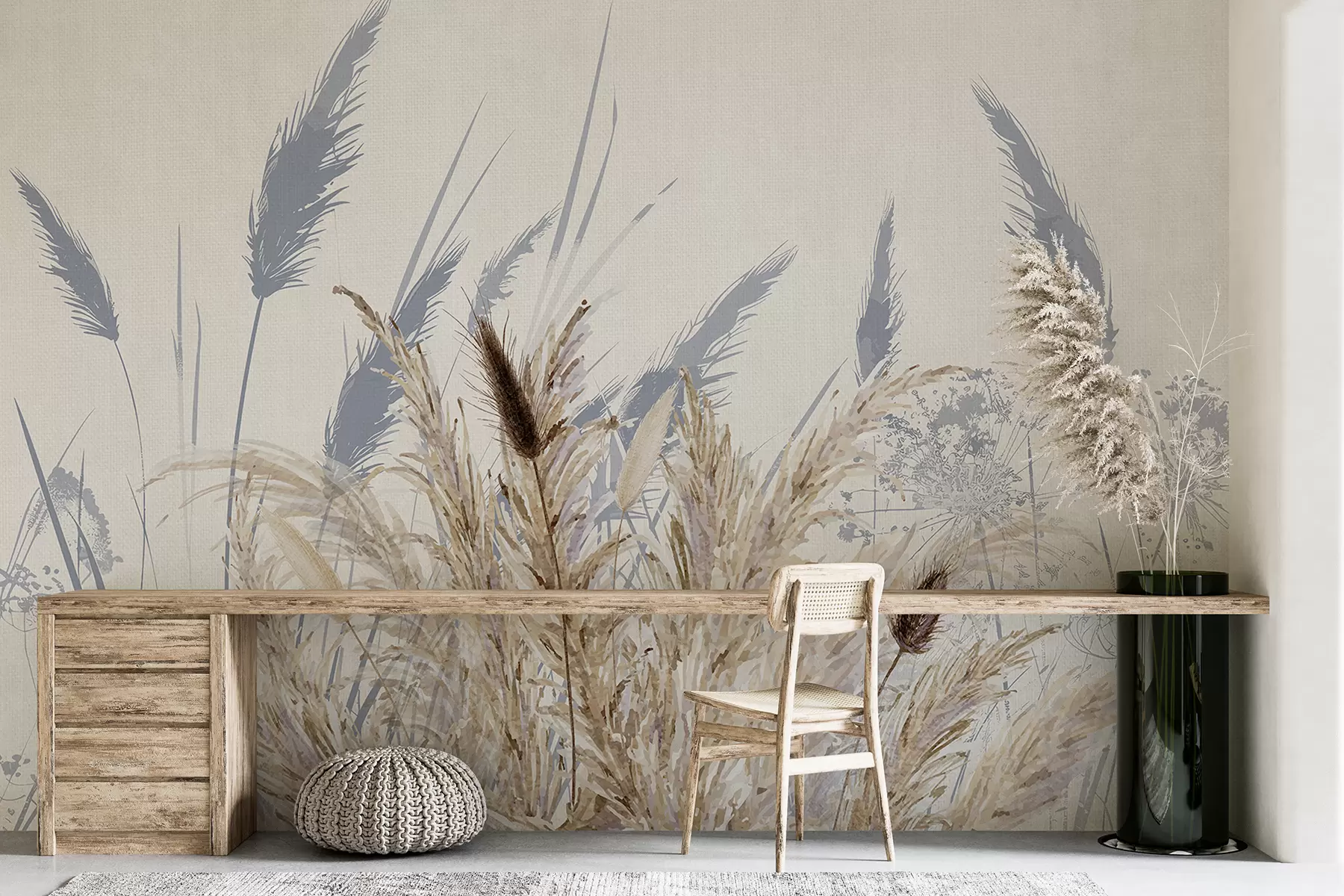 wall murals Високе стабљике пшенице и траве са пахуљастим белим перјем на светлој позадини w08282