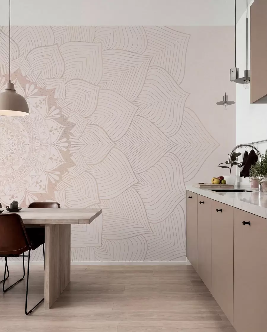 wall murals Округла мандала, тапета за јога простор или за хармонизацију личног простора. Зидна мандала у топлим пастелним бојама на текстурираној неправилној позадини w01088