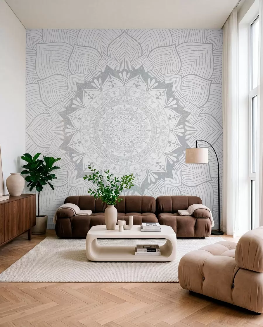 wall murals Округла мандала, тапета за јога простор или за хармонизацију личног простора. Зидна мандала у сивим нијансама на текстурираној хетерогеној позадини w01088v2