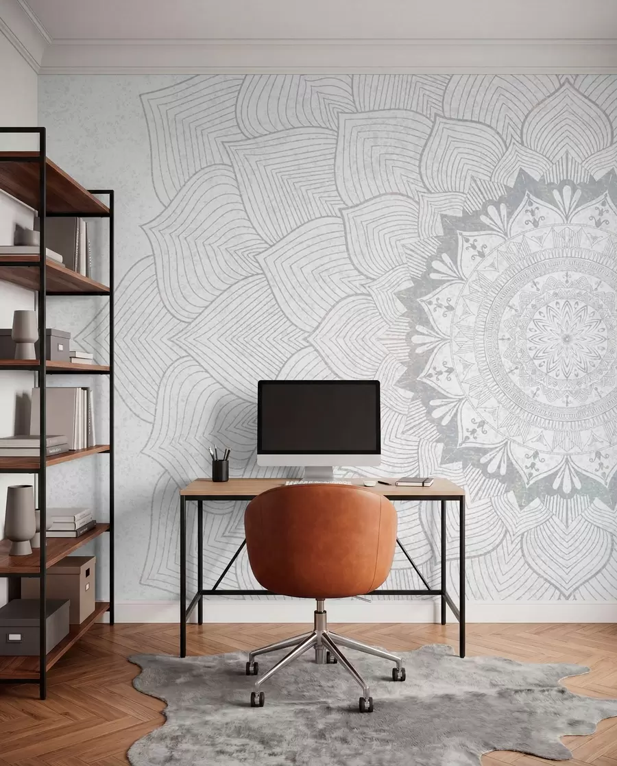 wall murals Округла мандала, тапета за јога простор или за хармонизацију личног простора. Зидна мандала у сивим нијансама на текстурираној хетерогеној позадини w01088v2