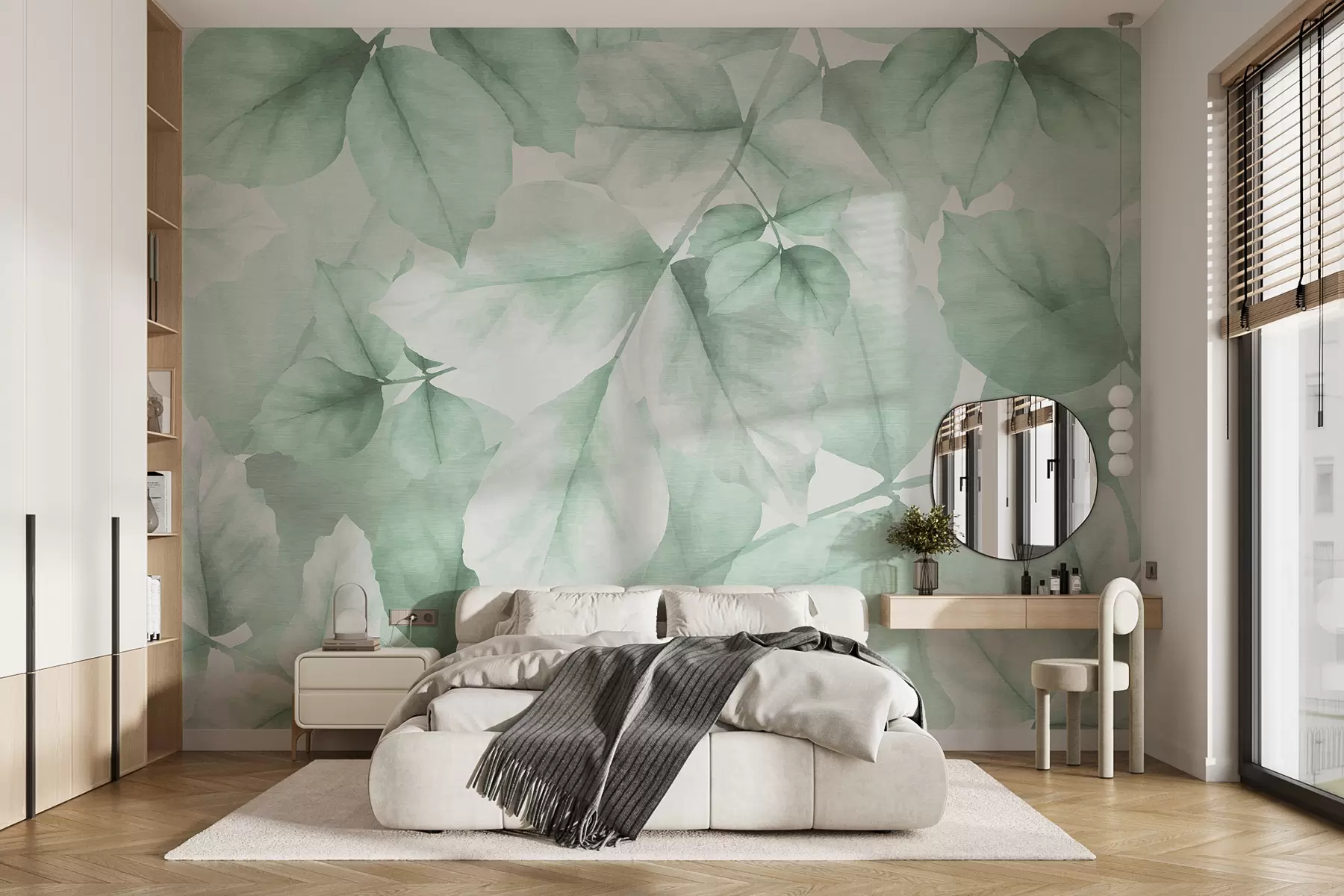 wall murals Текстуриране тапете са великим листовима у пастелним нијансама зелене w01090v3