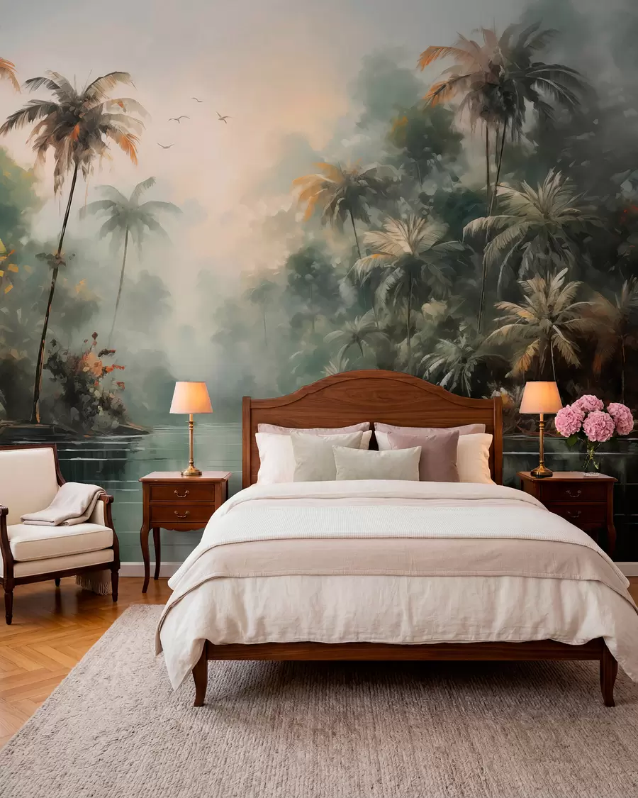 wall murals Џунгла поред језера, палме, вегетација w01613