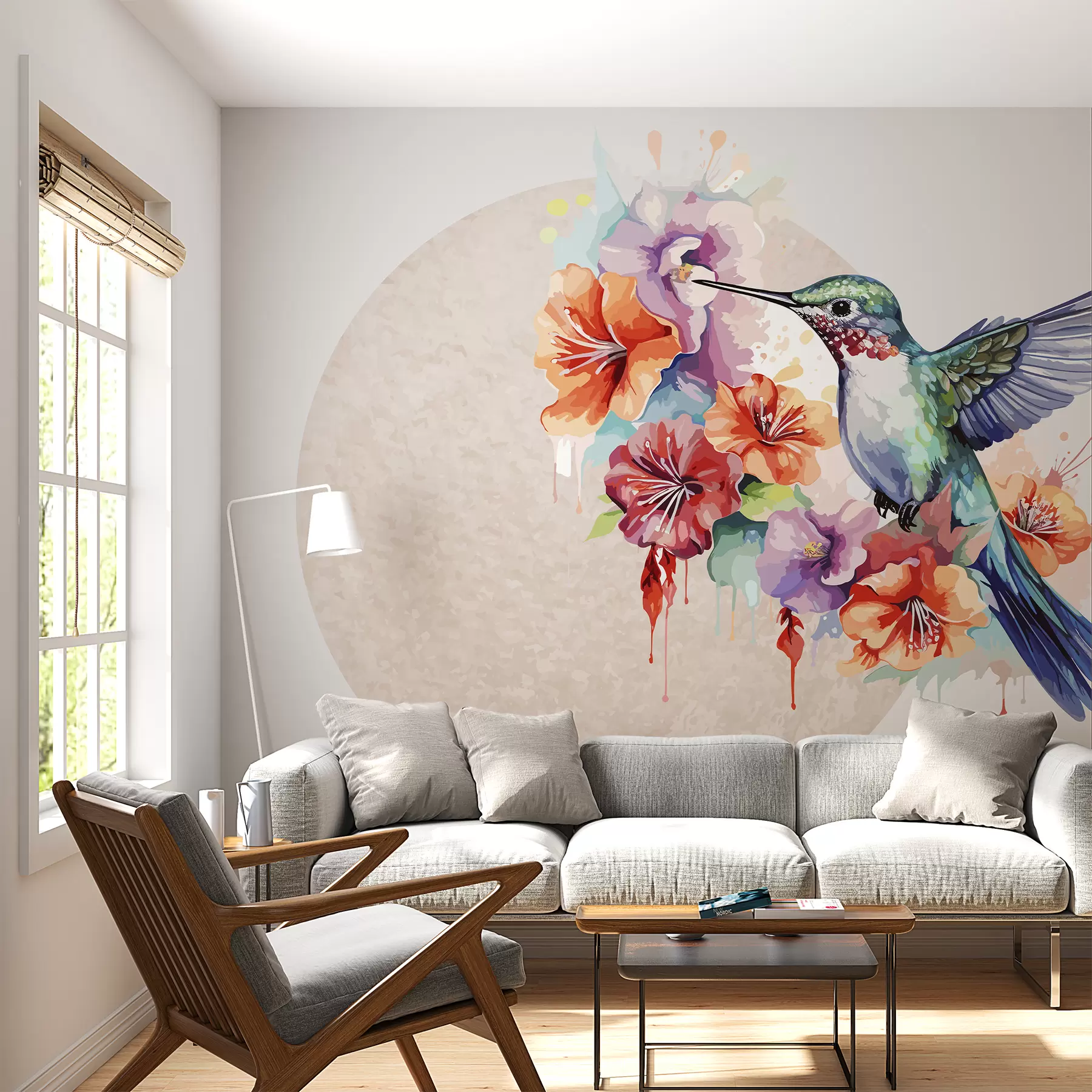 wall murals Колибри, цвеће, круг, беж w01528