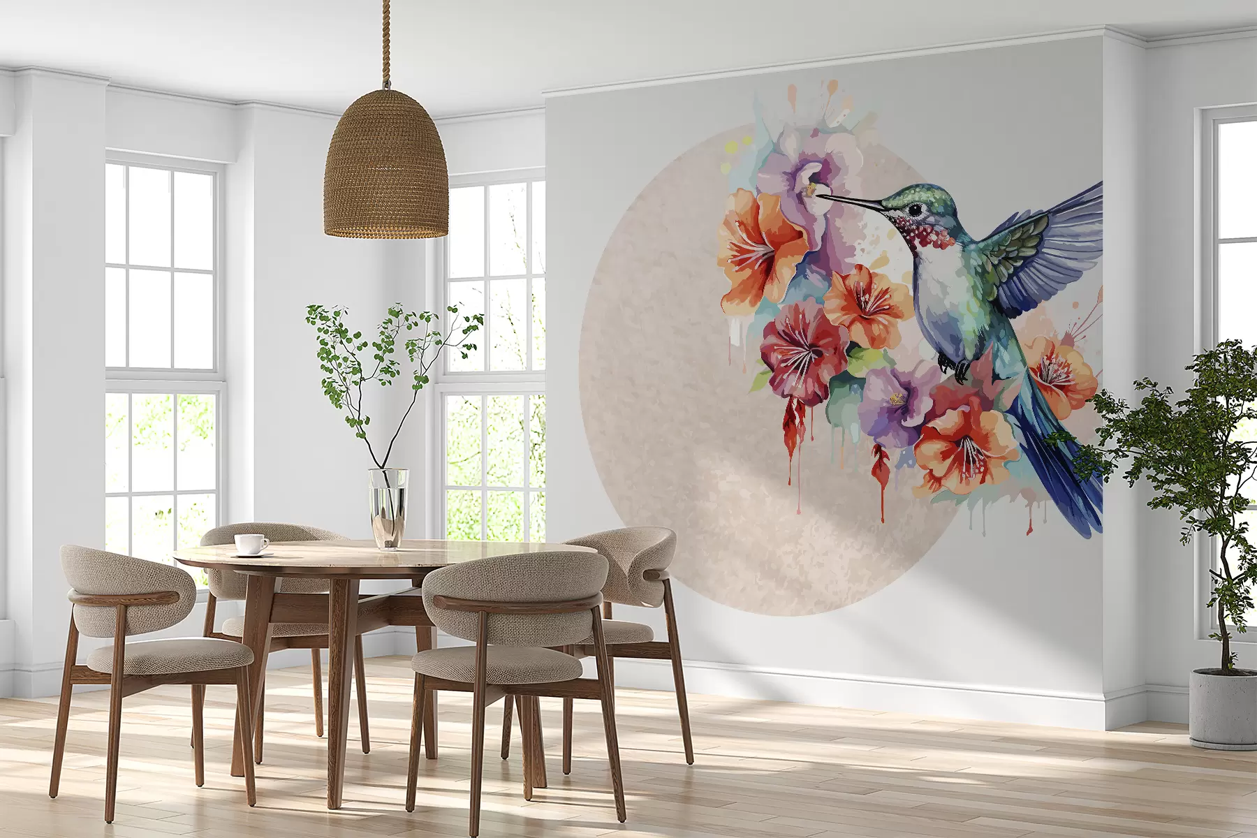 wall murals Колибри, цвеће, круг, беж w01528