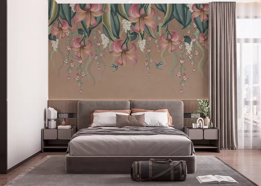 wall murals Деликатни ботанички мотив са висећим љиљанима, цвећем и колибрима на грунге зиду w01523