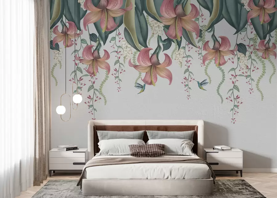 wall murals Деликатни ботанички мотив са висећим љиљанима, цвећем и колибрима на светлом зиду w01523v1