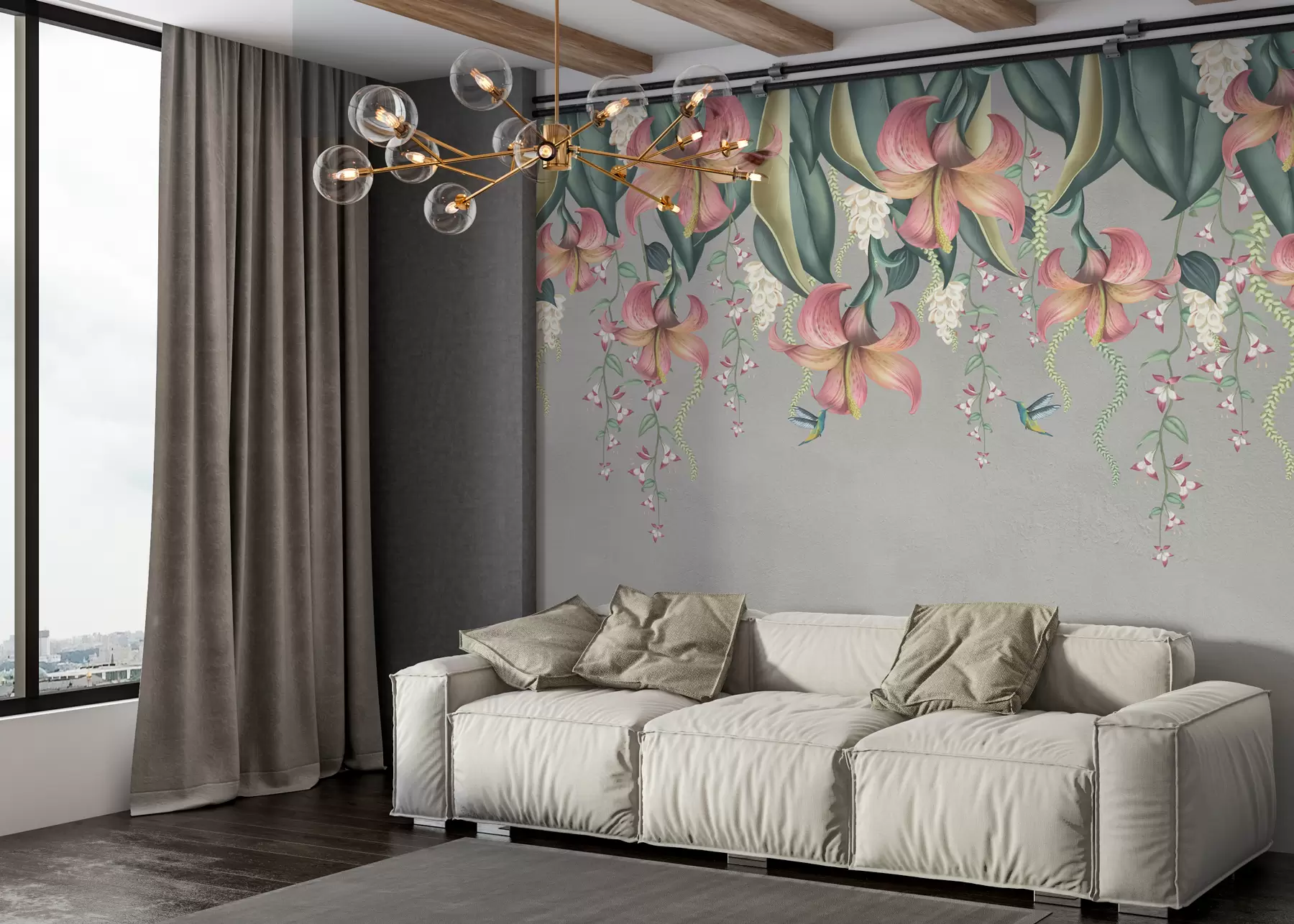 wall murals Деликатни ботанички мотив са висећим љиљанима, цвећем и колибрима на сивом грунге зиду w01523v2