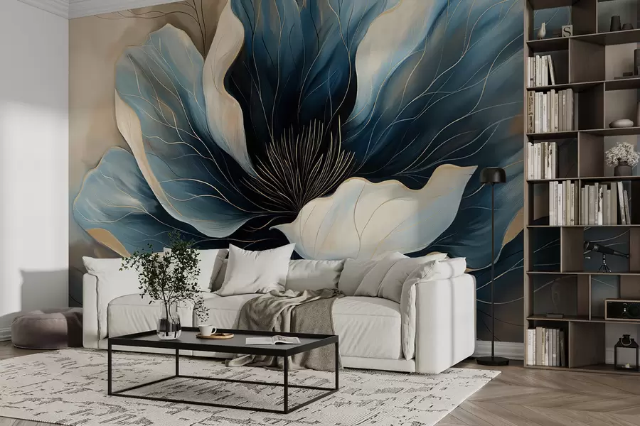 wall murals Велики елегантни цвет са дубоким течним тамноплавим и белим латицама w01538