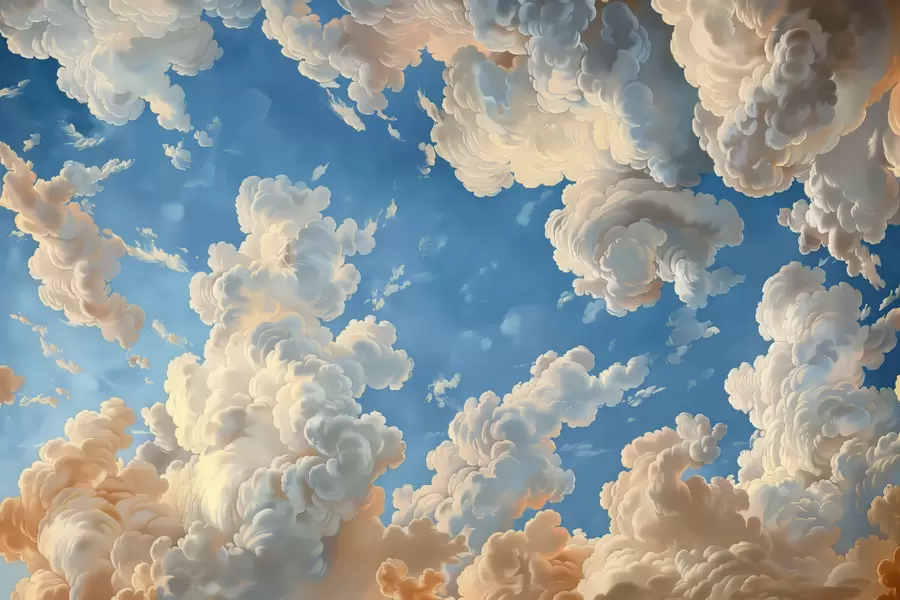 wall murals Облаци у топлим кремастим, нежно бресквастим и бледим нијансама на позадини дубоког, светло плавог неба w01583