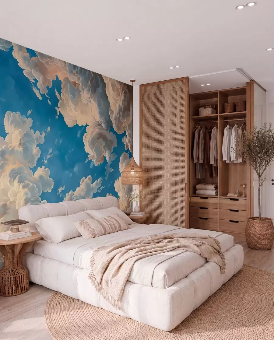 wall murals Облаци у топлим кремастим, нежно бресквастим и бледим нијансама на позадини дубоког, светло плавог неба w01583