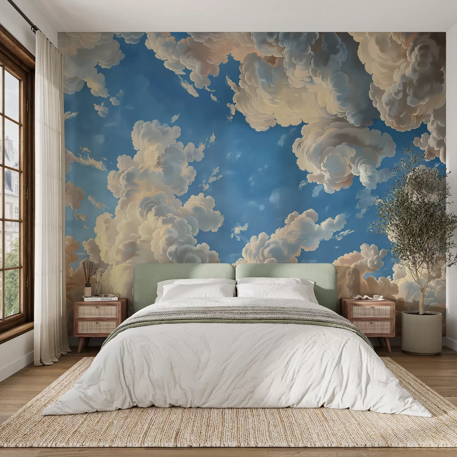 wall murals Облаци у топлим кремастим, нежно бресквастим и бледим нијансама на позадини дубоког, светло плавог неба w01583
