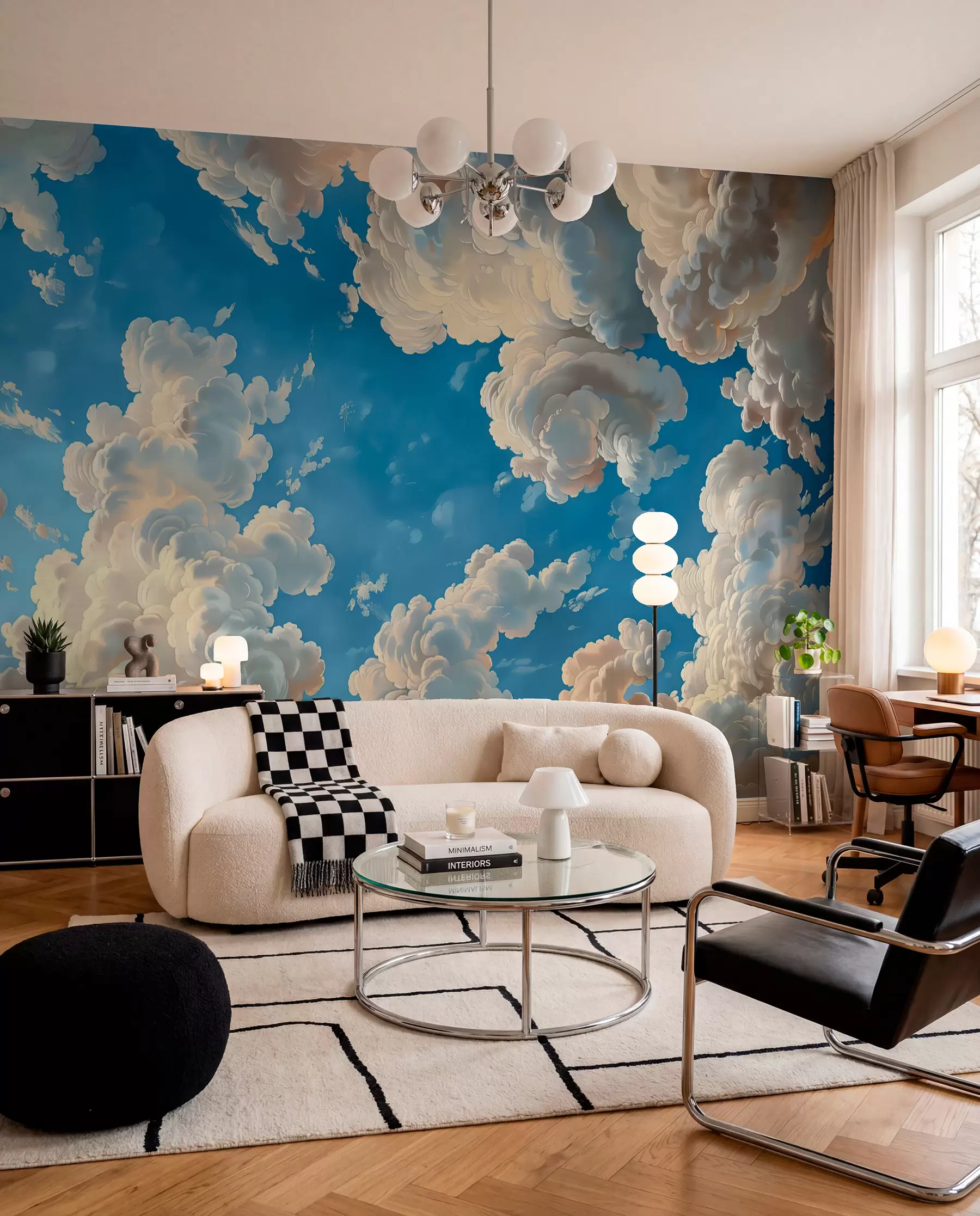 wall murals Облаци у топлим кремастим, нежно бресквастим и бледим нијансама на позадини дубоког, светло плавог неба w01583