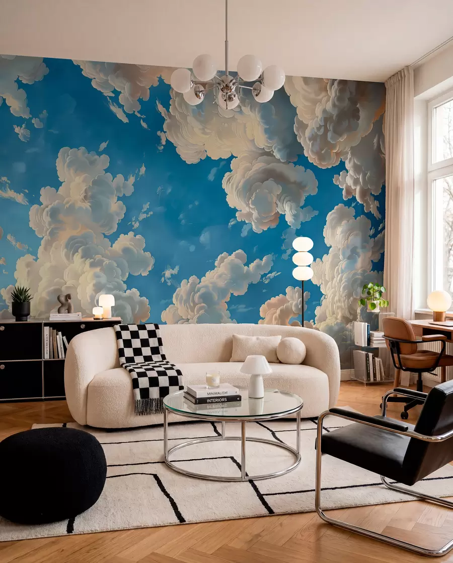 wall murals Облаци у топлим кремастим, нежно бресквастим и бледим нијансама на позадини дубоког, светло плавог неба w01583