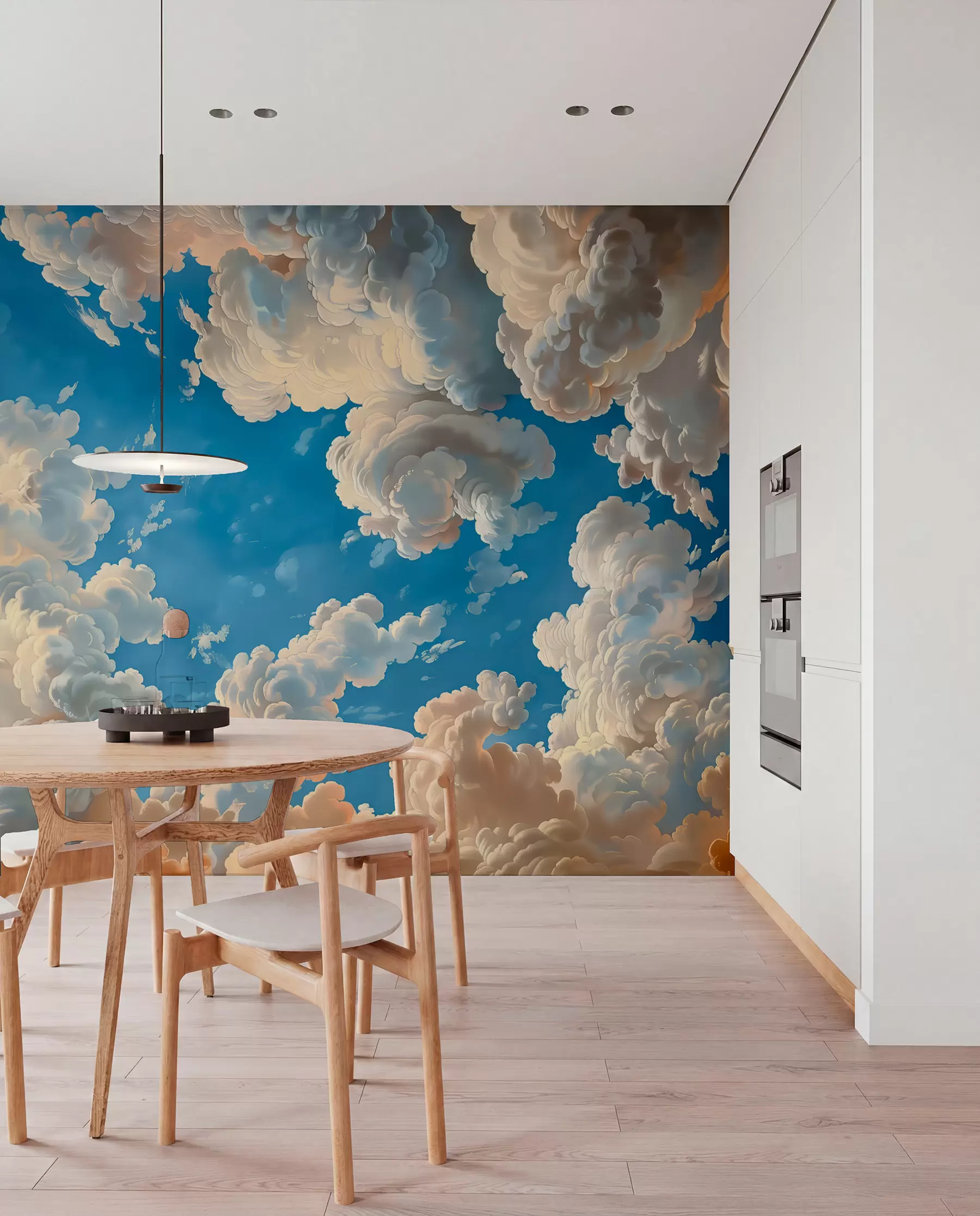 wall murals Облаци у топлим кремастим, нежно бресквастим и бледим нијансама на позадини дубоког, светло плавог неба w01583